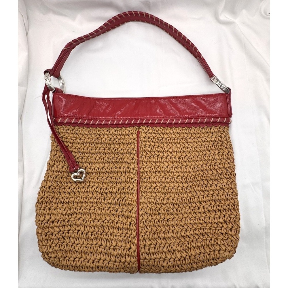 Brighton Straw Raffia Woven Shoulder Bag Purse Red Leather Trim Beach Boho Hobo - Picture 2 of 16